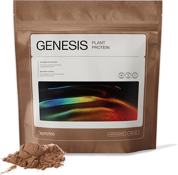 Synchro Genesis Plant Based Protein Powder | Chocolate Superfood | 30g of Organic Protein Per Serving | &lt1g Sugar | 1g Net Carbs | No Stevia | Superfoods + Prebiotics | Vegan + Keto Friendly