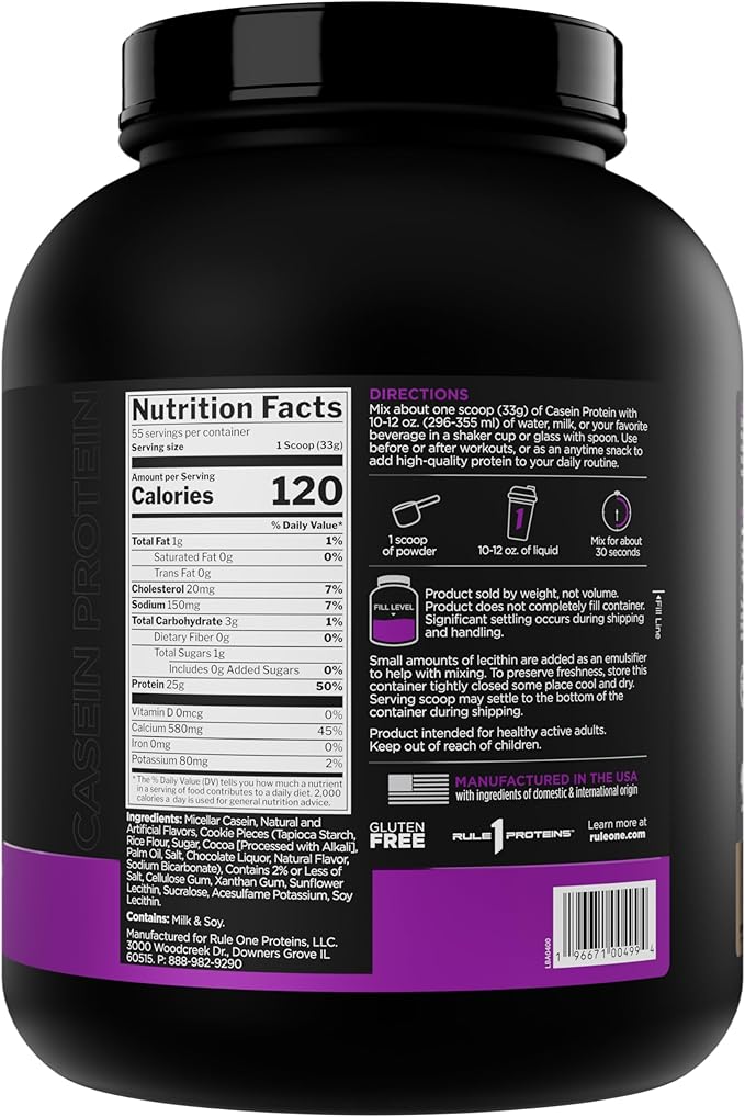 Rule 1 Casein Protein - 25g Protein and 11g EAAs Per Serving from Slow-Release Micellar Casein for Overnight Recovery and Sustained Delivery Between Meals (4 Pounds* Cookies &amp Crème)