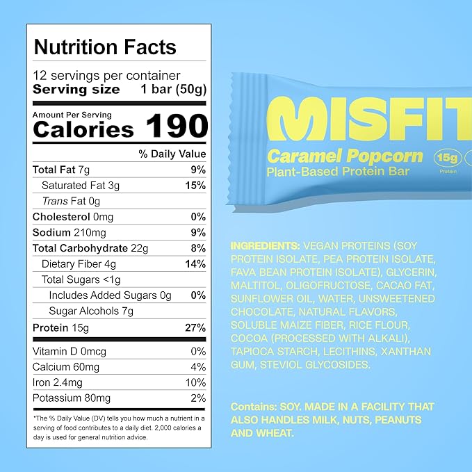 Misfits Vegan Protein Bars - Sweet &amp Salty Caramel Popcorn | Nutrition Bars - 15g Protein 1g Sugar Plant-based Low Carb Non-GMO Gluten Free Snacks | Pack of 12