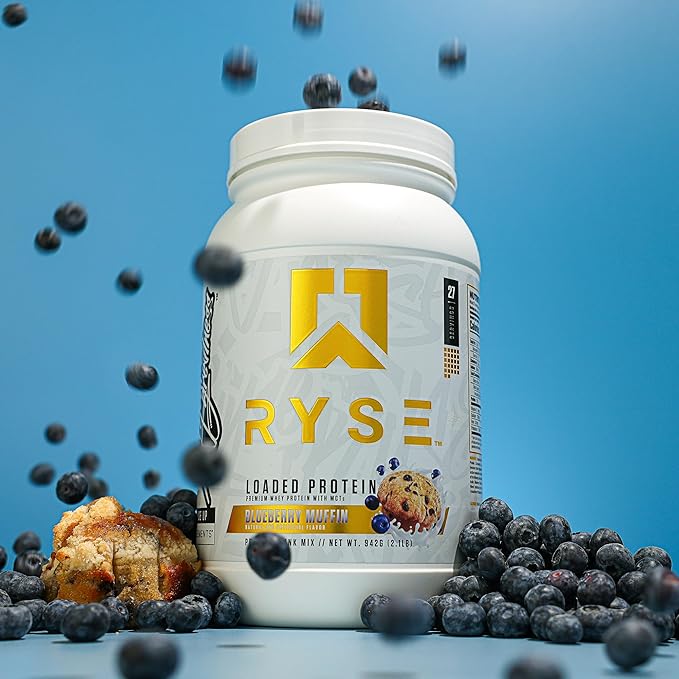 RYSE Loaded Protein Powder - Blueberry Muffin - 25g Whey Protein Isolate &amp Concentrate with Prebiotic Fiber &amp MCTs - Low Carb Low Sugar Digestive-Friendly - 20 Servings / 1.5 lb Tub
