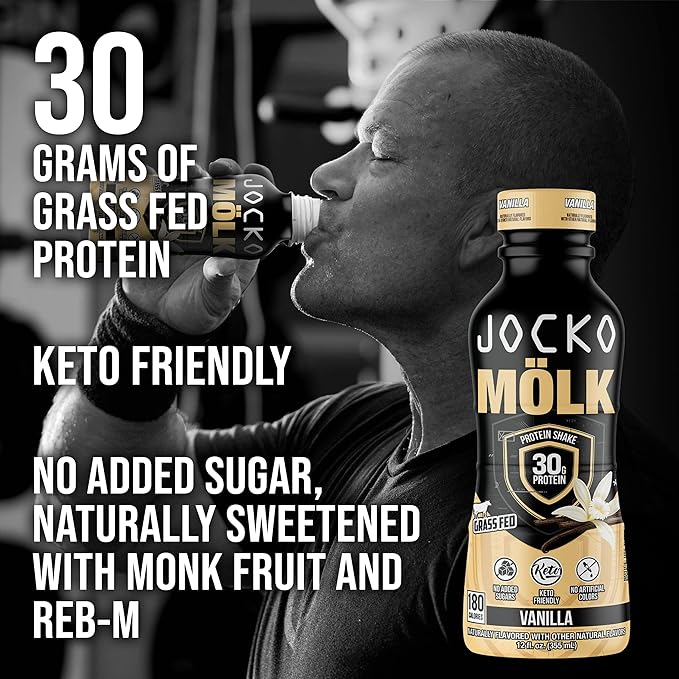 Jocko Mölk Grass Fed Protein Shakes - Ready to Drink (pack of 12) Vanilla + Jocko Fuel Daily Greens Pineapple Coconuts