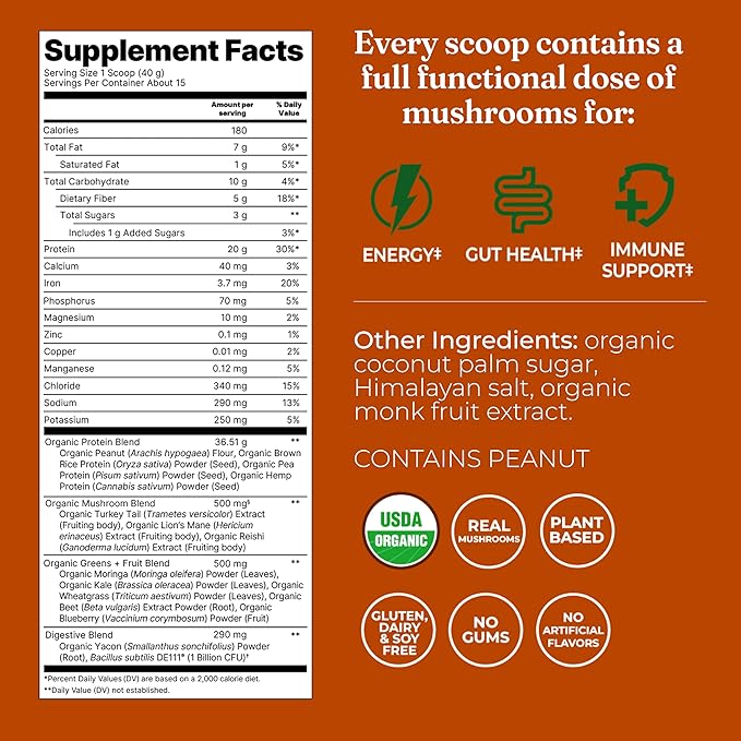 Four Sigmatic Organic Plant-Based Protein Powder | Clean Vegan Protein Elevated with Lion’s Mane Chaga Cordyceps and More for Brain Function and Immune Support | Peanut Butter 21.16 oz