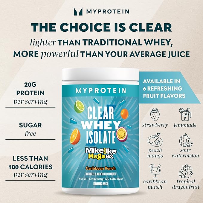 Myprotein Clear Whey Isolate Protein Powder 20 Servings (1.1lbs) Fruity Mike and IKE Caribbean Punch Drink Mix 20g Protein per Serving Daily Drink for Superior Performance