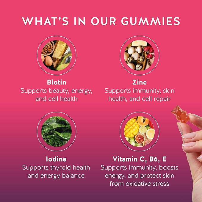 Biotin Gummies for Hair Skin &amp Nails. 5000 mcg High Potency Vegan Vitamins for Faster Hair Growth Stronger Nails &amp Healthy Skin. with Vitamins C &amp E 90 Gummies