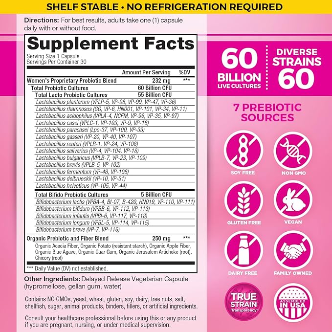 Vital Planet - Vital Flora Probiotics for Women 60 Billion CFU Diverse Strains Daily Shelf Stable Probiotic with Organic Prebiotics for Vaginal Support Immune and Digestive Health 30 Capsules