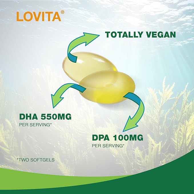 Lovita Algae Omega-3 Vegan and Plant-Based DHA &amp DPA Fish Oil Alternative 1000mg Algae Oil Support Heart and Brain Health Carrageen-Free 90 Softgels (Pack of 3)