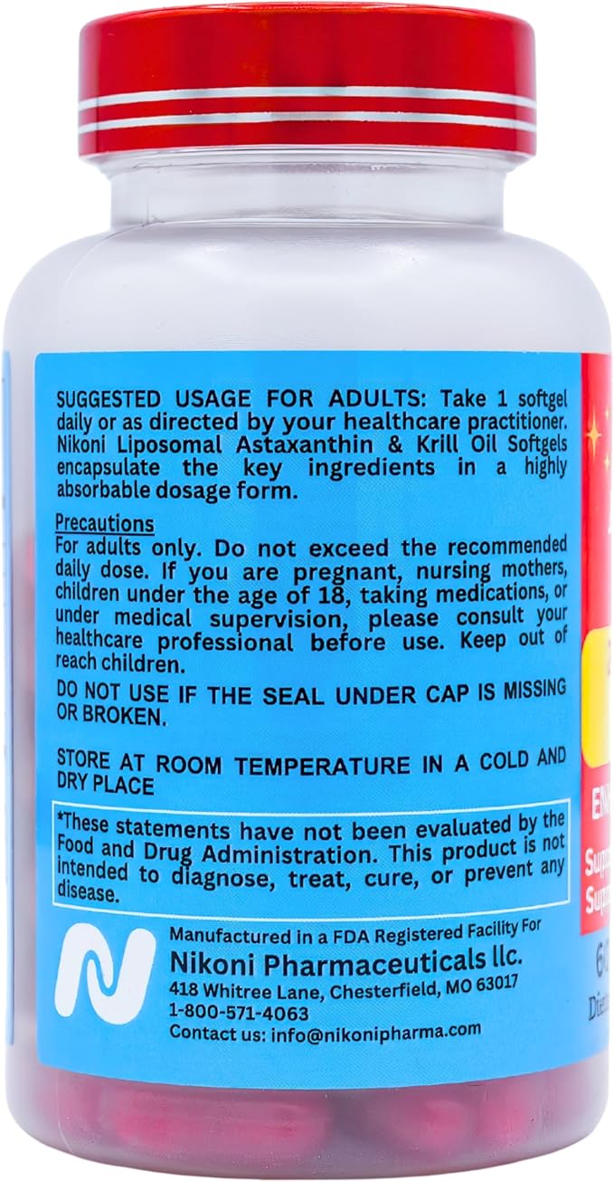 Nikoni Liposomal Astaxanthin 24mg with Kril Oil 500mg Supplement (240 Softgelss)
