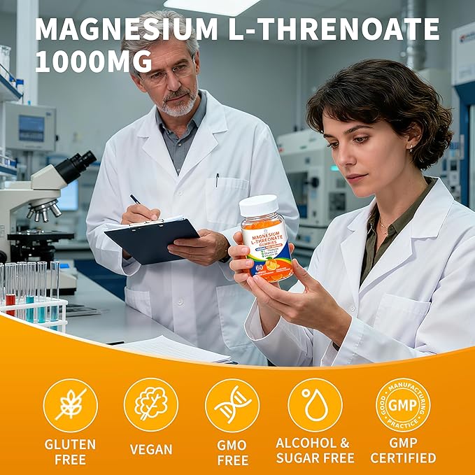 (2 Pack) Magnesium L-threonate Gummies 1000mg for Kids &amp Adults High Absorption Magnesium Threonate with L - Theanine Vitamin D3 &amp B6 for Muscle Nervous System Sugar-Free Orange Flavor