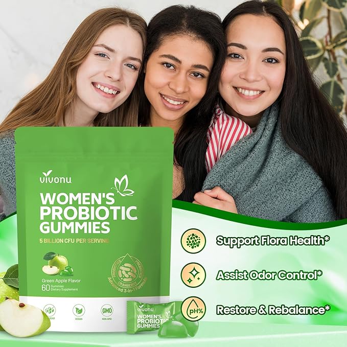 VivoNu Viginal Probiotic for Women Women Probiotic Gummies Feminine Balance Gummies Green Apple Probiotics for Woman Vaginigal Health Yeast Ph Balance