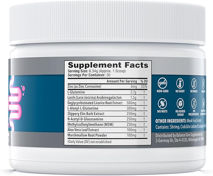 Balance ONE L-Glutamine Powder &amp Zinc Carnosine Supplement – Leaky Gut Repair Formula with Slippery Elm DGL Licorice Marshmallow &amp Aloe Vera – Digestive Lining Support – 1 Month Supply – Rev