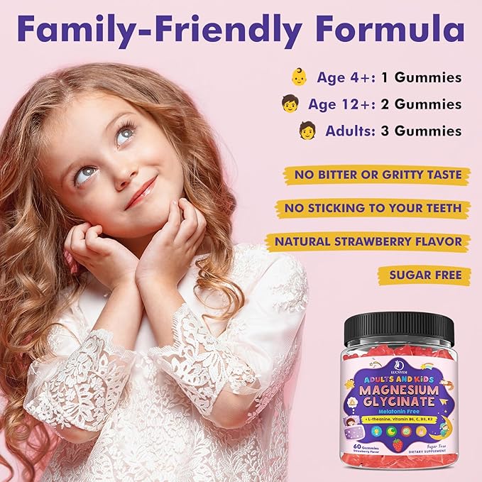 Magnesium Glycinate Gummies for Kids 4+ &amp Adults- Melatonin Free Sleep Aid Magnesium Glycinate 150/300 mg Supplements for Calm &amp Relaxation Support Sugar Free Strawberry Flavor 120 Ct