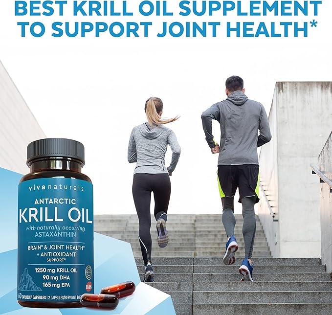 Viva Naturals Antarctic Krill Oil 1250 mg Omega 3 EPA DHA and Astaxanthin Joint Support and Brain Supplement with Antioxidant Properties No Fishy Aftertaste (Pack of 6)