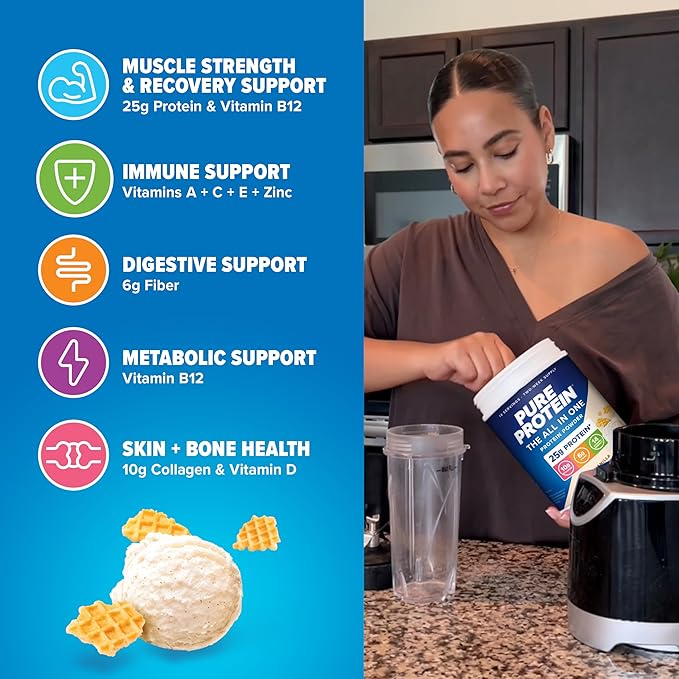 Pure Protein All-In-One Powder Rich Chocolate - Whey &amp Collagen High Fiber Vitamins No Added Sugar Non-GMO Gluten-Free 1.25lb