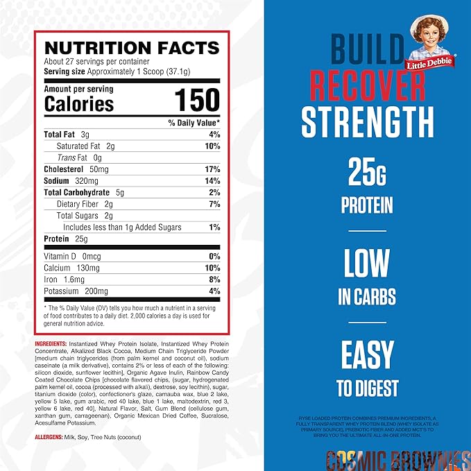 RYSE Loaded Protein Powder - Little Debbie Cosmic Brownie - 25g Whey Protein Isolate &amp Concentrate with Prebiotic Fiber &amp MCTs - Low Carb Low Sugar Digestive-Friendly - 27 Servings / 2 lb Tu