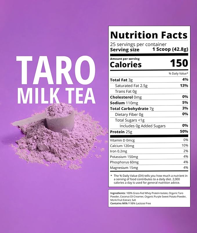 Boba Tea Protein Taro Milk | 25g Grass-Fed Whey Protein Isolate Powder | Gluten-Free &amp Soy-Free Bubble Tea Drink | Real Ingredients &amp Lactose-Free Protein Drink | 25 Servings