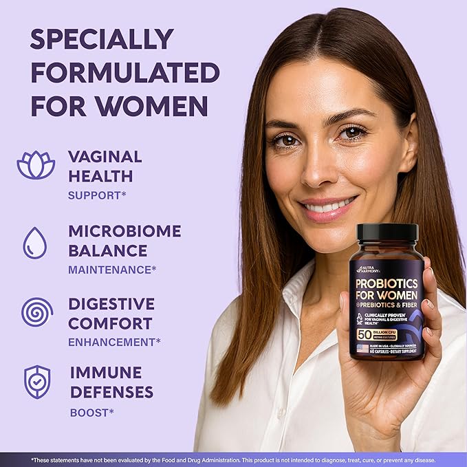 Probiotics for Women 50 Billion CFU - Vaginal Probiotics Clinically Proven for Yeast &amp pH Balance - Digestion &amp Bloating Relief - 8 Strains + Prebiotics - Delay Release - Made in USA 60 Capsu