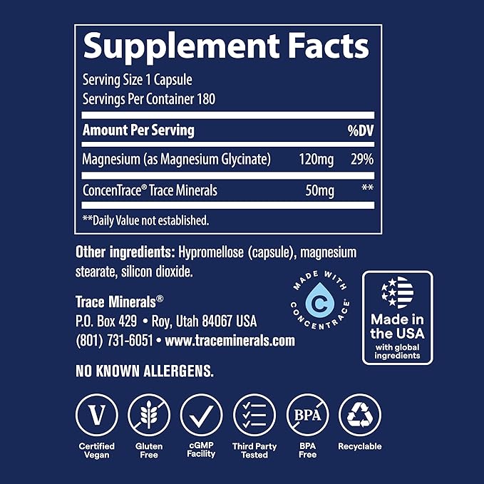 Trace Minerals Magnesium Glycinate - Gentle Magnesium Glycinate Supplement for Healthy Sleep &amp Relaxation Support - Healthy Mind &amp Energy - Vegan - Gluten-Free - 180 Count (180 Servings)