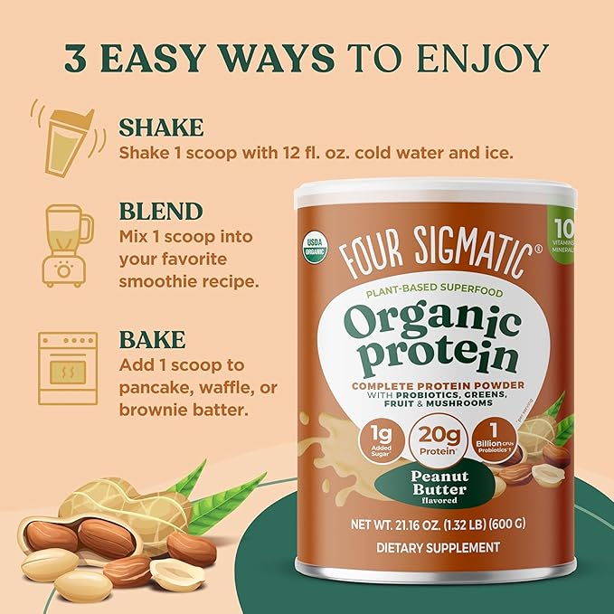 Four Sigmatic Organic Plant-Based Protein Powder | Clean Vegan Protein Elevated with Lion’s Mane Chaga Cordyceps and More for Brain Function and Immune Support | Peanut Butter 21.16 oz
