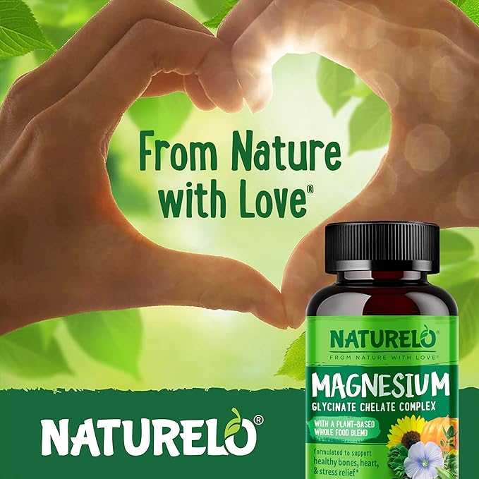 NATURELO Magnesium Glycinate Chelate Complex - 200 mg Magnesium with Organic Vegetables to Support Sleep Calm Muscle Cramp &amp Stress Relief - Gluten Free Non GMO - 120 Capsules