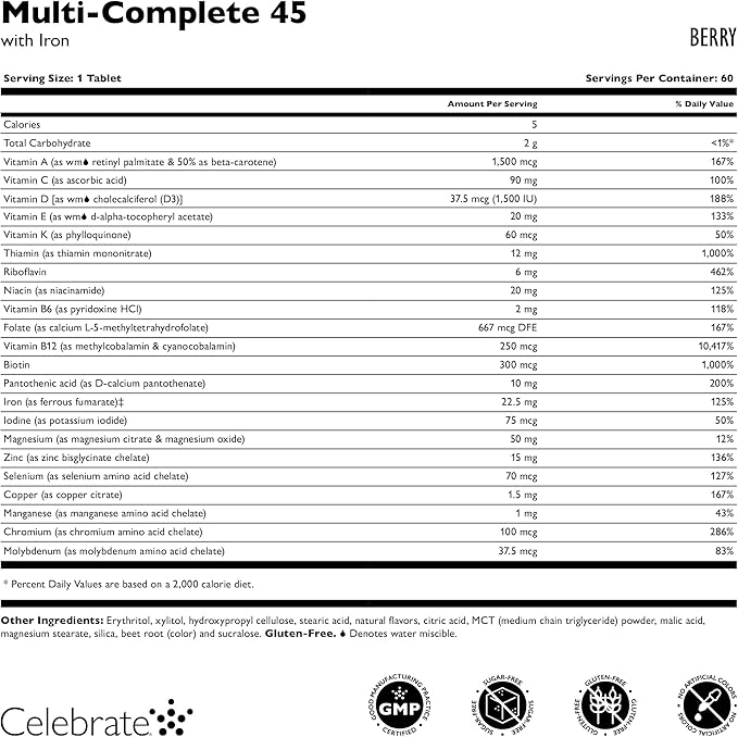 Celebrate Vitamins Multi-Complete Chewables 45mg Iron – Daily Bariatric Multivitamin for Sleeve Gastrectomy and Gastric Bypass Surgery Patients – Essential Vitamins &amp Minerals - Berry (60 Tablets