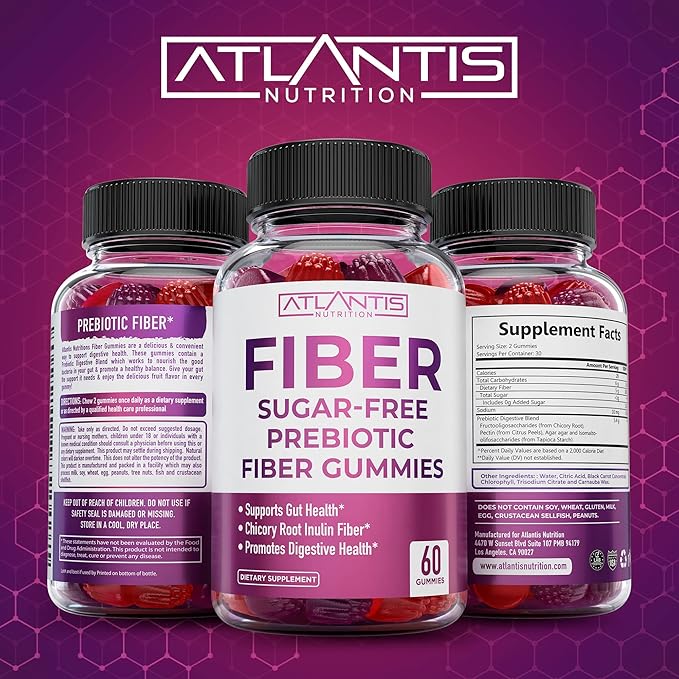 Atlantis Nutrition Collagen 60 Gummies + Sugar Free Prebiotic Fiber Gummies for Adults 2-Pack (120 Gummies)