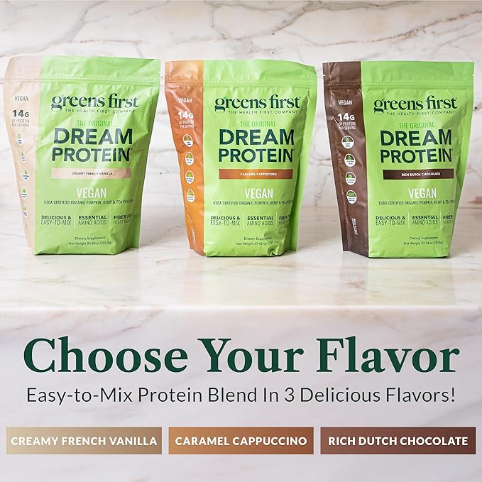 Greens First Dream Protein Plant-Based Vegan Powder - USDA Organic Pumpkin Hemp &amp Pea Protein - Gluten-Free Non-GMO No Added Sugar (Rich Dutch Chocolate 27.54 oz)