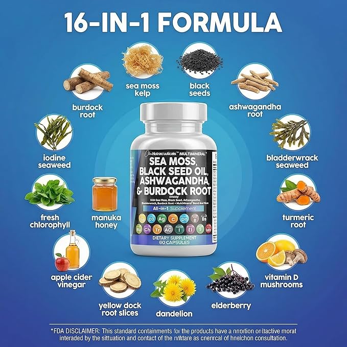 Clean Nutraceuticals Sea Moss Black Seed Oil Ashwagandha Turmeric Bladderwrack Burdock &amp Vitamin C Vitamin D3 with Elderberry Manuka Dandelion Yellow Dock Iodine Chlorophyll ACV