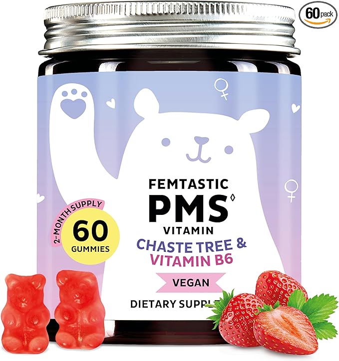 PMS Support Supplement for Women. Menstrual Relief Gummies to Target Hormonal Breakouts Bloating Period Cramps &amp Mood Swings. Vegan with Vitamin B6 &amp Lemon Balm 60 Gummies