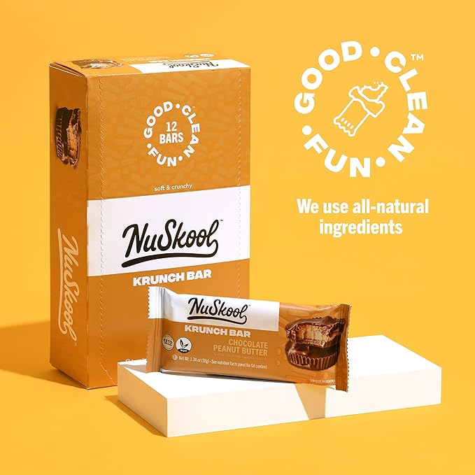 NuSkool Snacks Chocolate Peanut Butter Keto Friendly Protein Krunch Bars (12 Pack) - 7g Fiber 10g Clean Plant-Based Protein 3g Net Carbs - Gluten-Free Non-GMO Vegan Low Carb Keto Healthy Breakfas