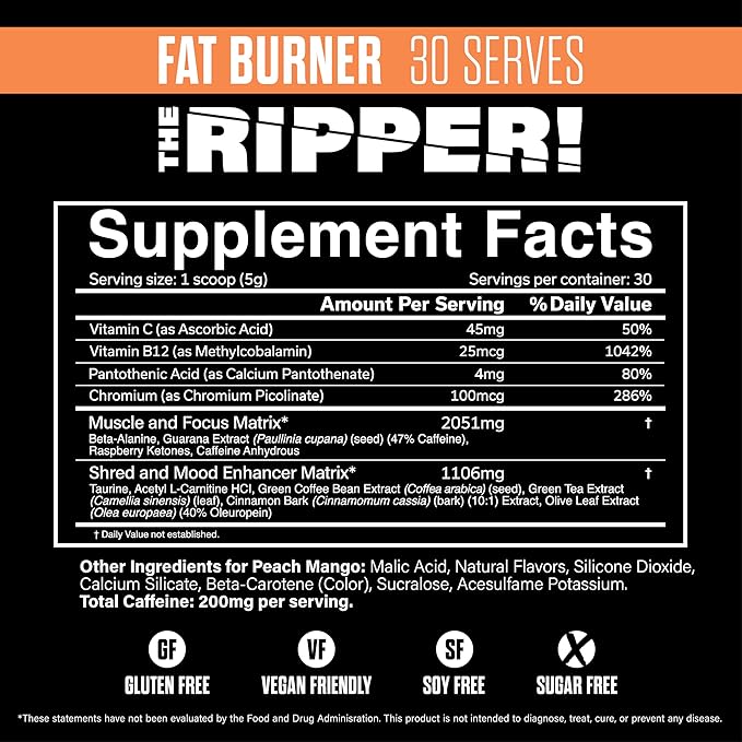 JNX SPORTS The Ripper! Fat Burner Pre Workout for Men &amp Women – Thermogenic Fat Burning Powder &amp Appetite Suppressant Boost Energy &amp Endurance – Peach Mango 30 Servings
