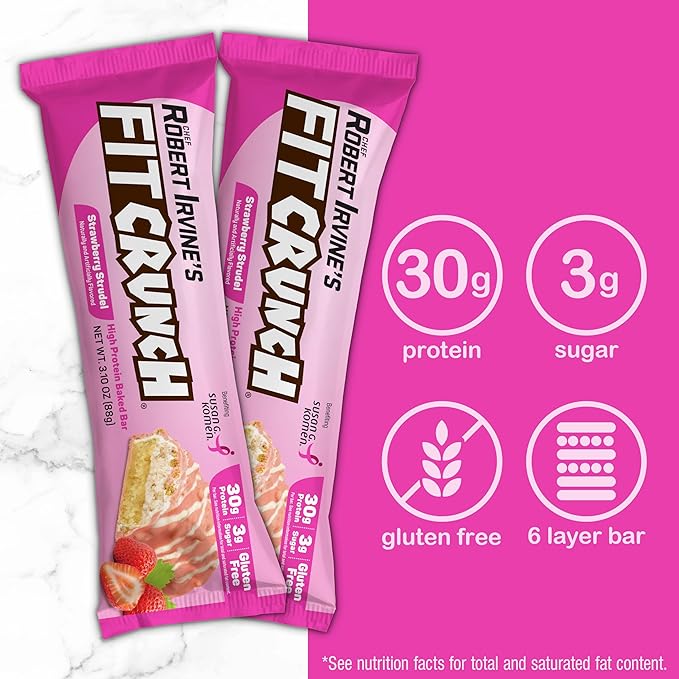 FITCRUNCH Full Size Protein Bars 6-Layer Baked Bar 3g of Sugar Gluten Free &amp Soft Cake Core (12 Bars Strawberry Strudel)