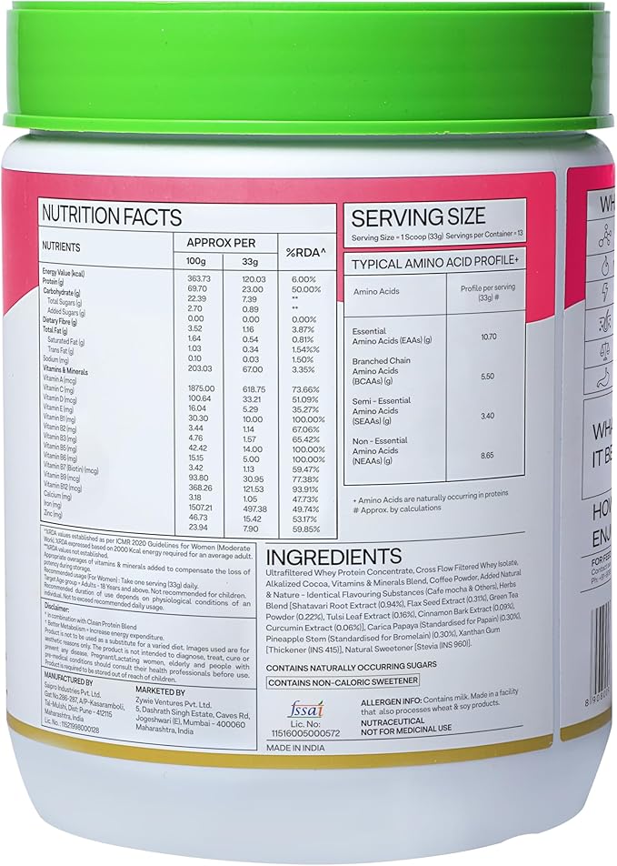 OZiva Protein &amp Herbs Women with Multivitamins Curcumin Shatavari Tulsi for Improved Metabolism Hormonal Balance &amp Skin Hair Health 1.1 lbs Cafe Mocha. Soy Free Gluten Free Non GMO