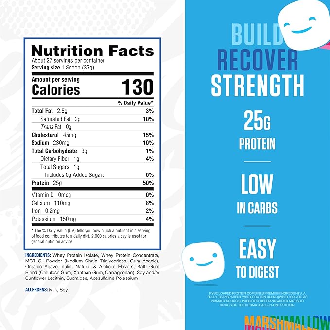 RYSE Loaded Protein Powder - Jet-Puffed Marshmallow - 25g Whey Protein Isolate &amp Concentrate with Prebiotic Fiber &amp MCTs - Low Carb Low Sugar Digestive-Friendly - 27 Servings / 2 lb Tub
