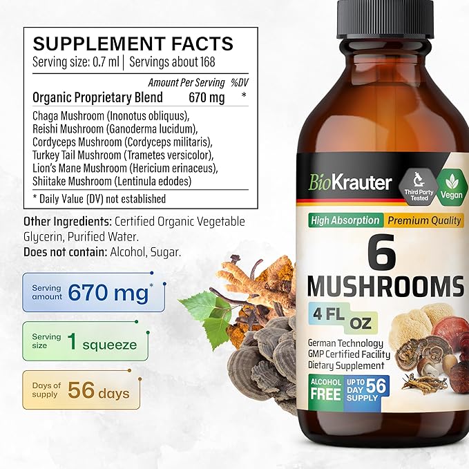 BIO KRAUTER CoQ10 90 Gummies &amp 6 Mushrooms Tincture 4 Fl. Oz.