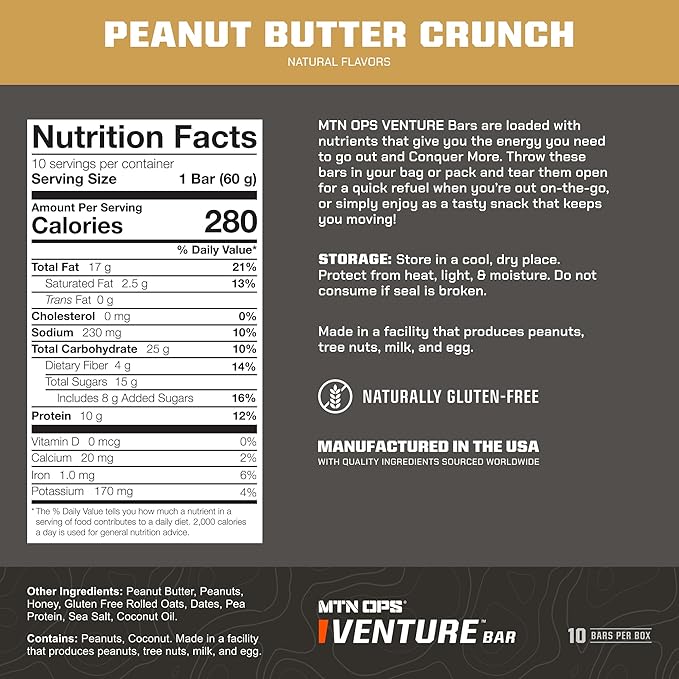 MTN OPS Protein Bars – Energy Snack with 10g Protein Gluten-Free Peanut Butter Venture Bar for Hiking &amp On-the-Go Fuel 10 Bars