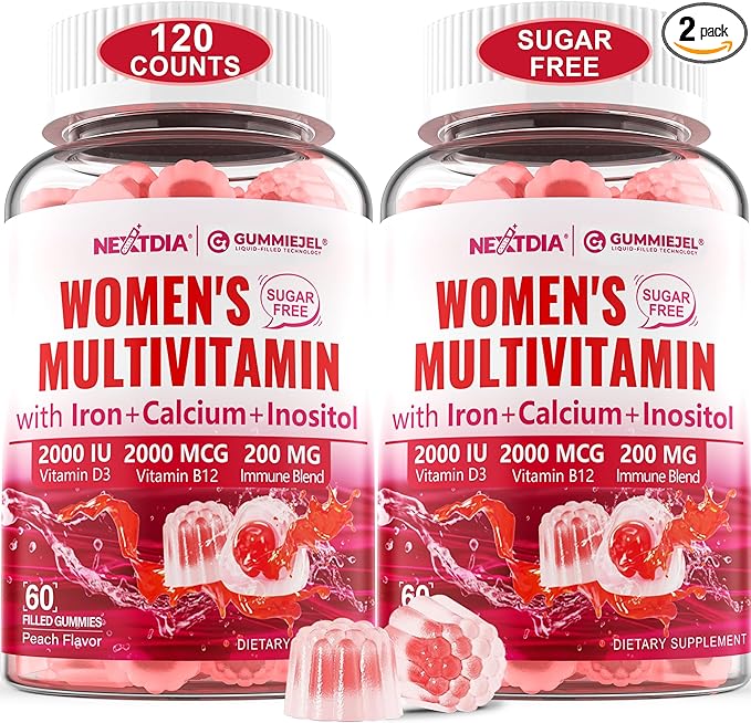 (2 Pack) Sugar Free Methylated Multivitamin for Women Gummies with Calcium D3 K2 Inositol Folate Biotin Iron Vitamin A C E B Complex - Multi Vitamins &amp Minerals - Energy Immune Bone - V