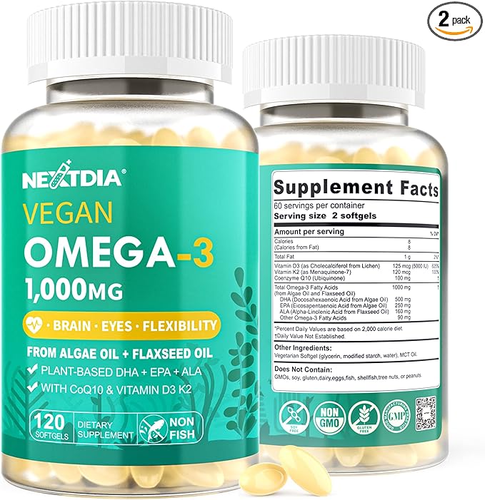 2 Pack Vegan Omega 3 D3 K2 CoQ10 Supplement Plant Based DHA EPA ALA for Women Men Omega 3 Organic Algae Flaxseed Oil Supplement for Bone Brain Eye &amp Immune Support No Carrageenan 240 Softgel