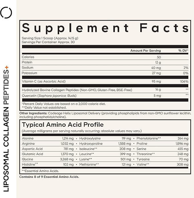 Codeage Liposomal Collagen Peptides Powder + Vitamin C &amp Quercetin Phospholipid Complex Grass-Fed Pasture-Raised Hydrolyzed Collagen Type I &amp III Supplement All-in-One Non-GMO 14.97 oz