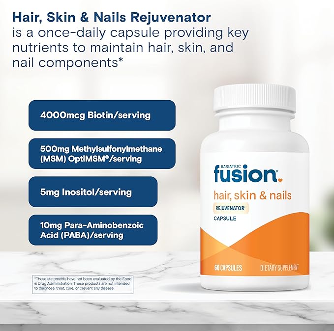 Bariatric Fusion ONE Per Day Bariatric Hair Skin and Nails Vitamins REJUVENATOR for Women | Vegan Hair Growth Vitamins with Biotin Vitamin B12 and B1 | Easy to Swallow | 60 Capsules