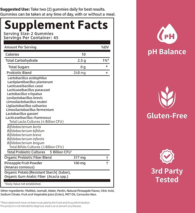 Once Daily Women's Probiotics Gummies | 50 Billion CFU 16 Strains | Supports Vaginal Health pH Balance Digestive &amp Immune System | Non-GMO Gluten-Free | 90 Count (45 Servings)