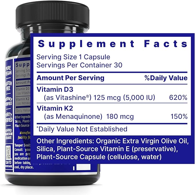 Quantum Nutrition Labs Vitamin D3 and K2 Supplement - Bone &amp Heart Health Support for Women &amp Men 5000 IU Vegan Vitamins Allows Calcium Absorption Gluten-Free - 30 Plant Based Capsules