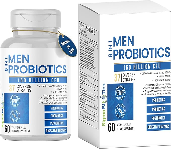 Probiotics for Men - 150 Billion CFU Acidophilus Capsules with Prebiotics &amp Postbiotics - Supports Gut Microbiome Colon &amp Immune Health - 37 Strains with Digestive Enzymes - 60 Vegan Capsules