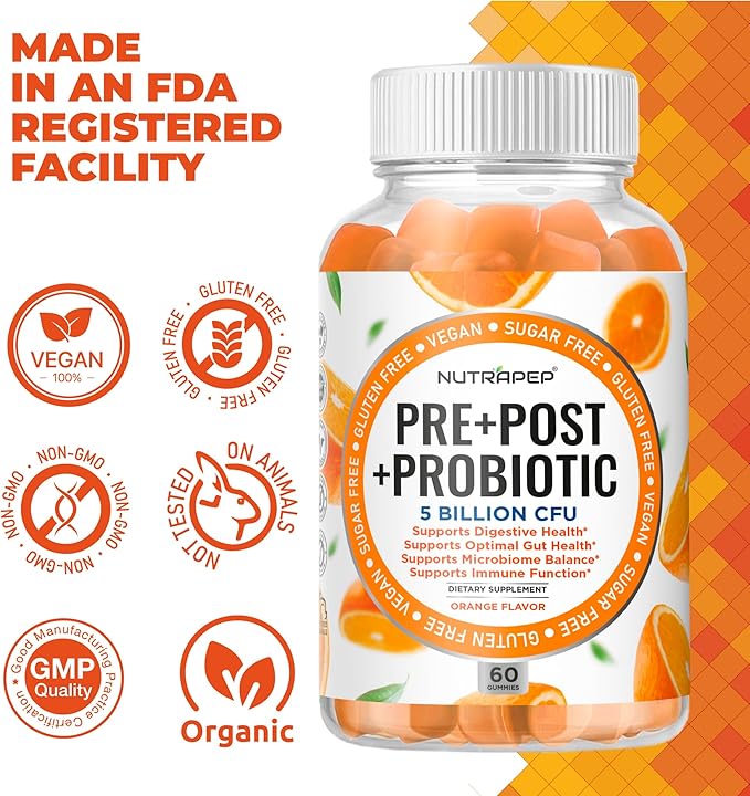 Prebiotic Probiotic &amp Postbiotic Gummies for Women Men &amp Kids Children - High Potency 5 Billion CFU - Sugar-Free &amp Gluten 60 Count (Pack of 2)