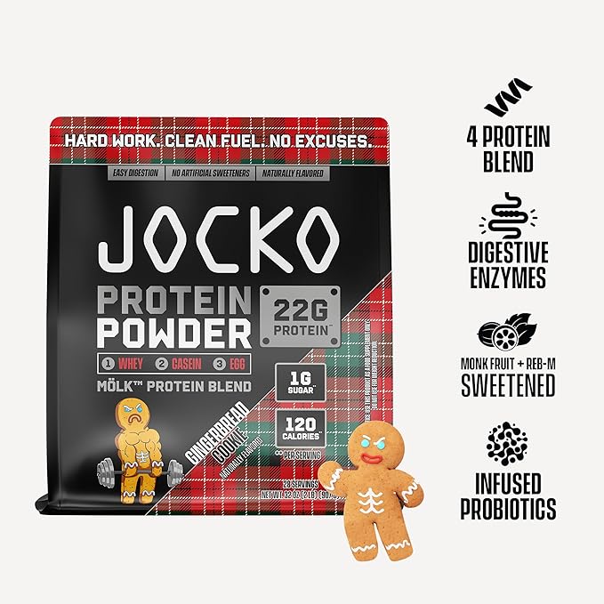 Jocko Fuel Whey Protein Powder Gingerbread Cookie 22g Protein Digestive Enzymes + Probiotic Blend No Sugar Added with Essential Amino Acids + Electrolyte Minerals 31 Servings