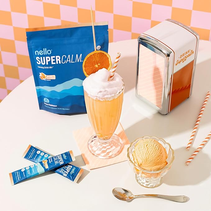 Nello Supercalm Powdered Drink Mix Cortisol Reducer* and Sleep Aid Supplement L Theanine Ksm-66 Ashwagandha Magnesium Glycinate Vitamin D 3 No Sugar Non GMO On The Go 20 Ct Orange Creamsicle