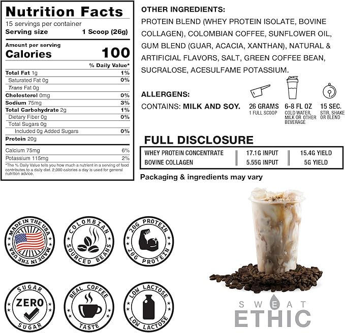 Sweat Ethic Brew’D UP Collagen Protein Coffee Whey Isolate &amp Collagen Peptides Natural Caffeine Low Lactose No Added Sugar Easy-Mix Protein Iced Coffee Flavor 15 Servings