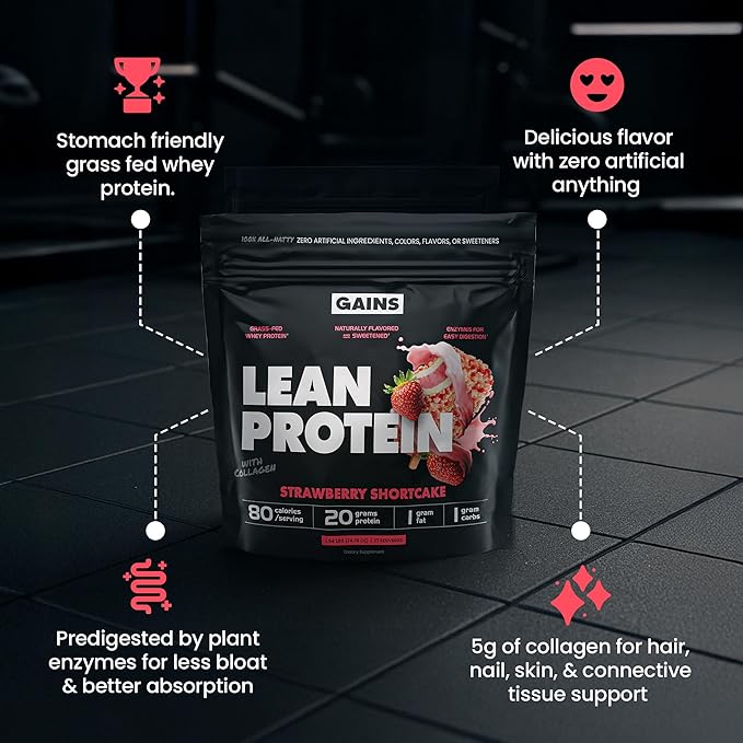 Gains in Bulk Lean Protein Powder With Collagen Peptides Gluten Free Grass Fed Whey 20 G Protein &amp 5 G Collagen Plant Enzymes to Support Digestion Natural Flavor Strawberry Shortcake 27 Serv
