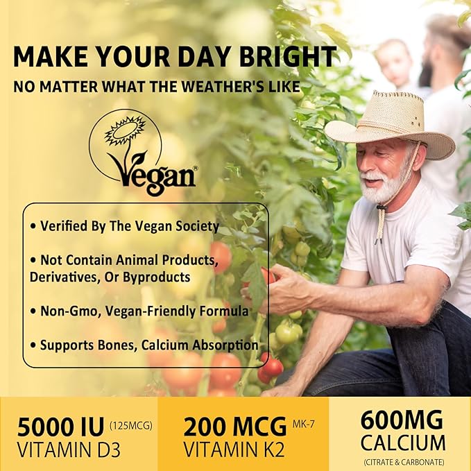 Vitamin D3 5000iu &amp K2( as MK7 ) 200mcg Gummies + 600mg Calcium with Coconut Oil for High Absorption Maximum Strength Vitamin D3 K2 Supplement - Support for Bones Muscle Teeth Immune Vegan 60 C