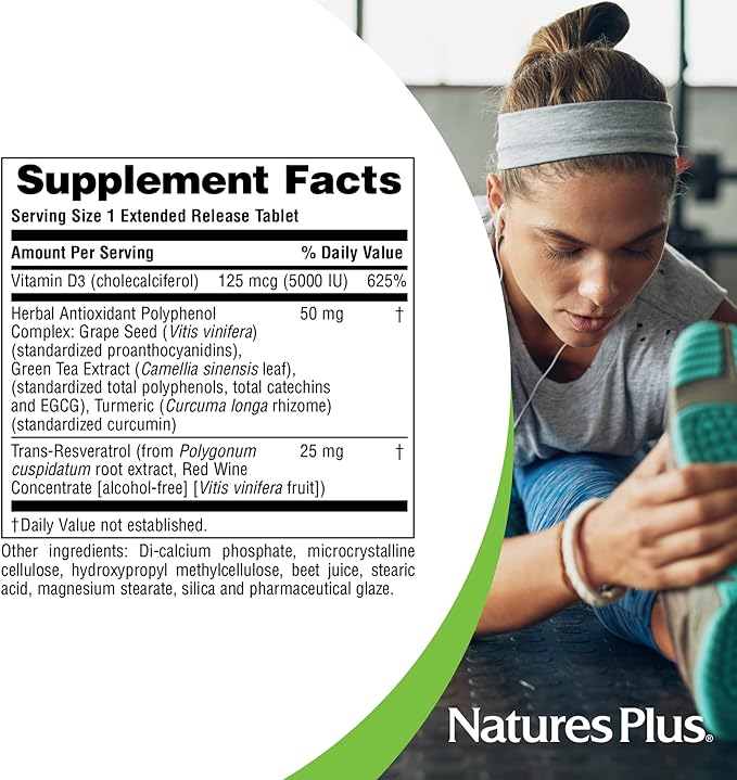 NaturesPlus Vitamin D3 Extended Release - 90 Vegan Tablets - 5000 IU + 25 mg Trans-Resveratrol - Heart &amp Bone Health Immune System Support Anti-Aging - Gluten Free - 90 Servings