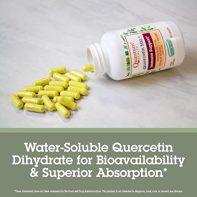 Quantum Health Quercetin 500+ Powerful Immune Support Supplement with Zinc 11 mg &amp Vitamin C 100 mg - Seasonal Immunity Boost Respiratory Health &amp Gut Support Complex for Women &amp Men - 90